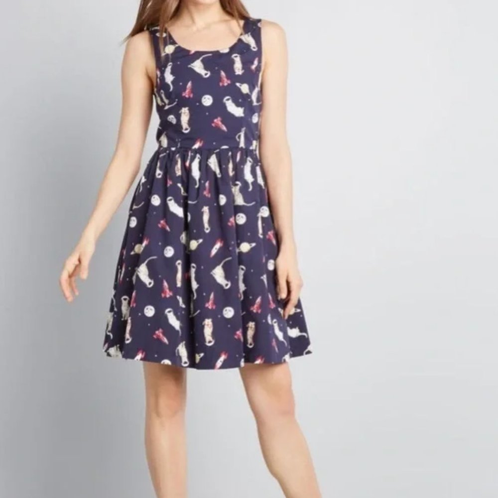 Modcloth Optimistic Effect Cats in Space Dress Sz L